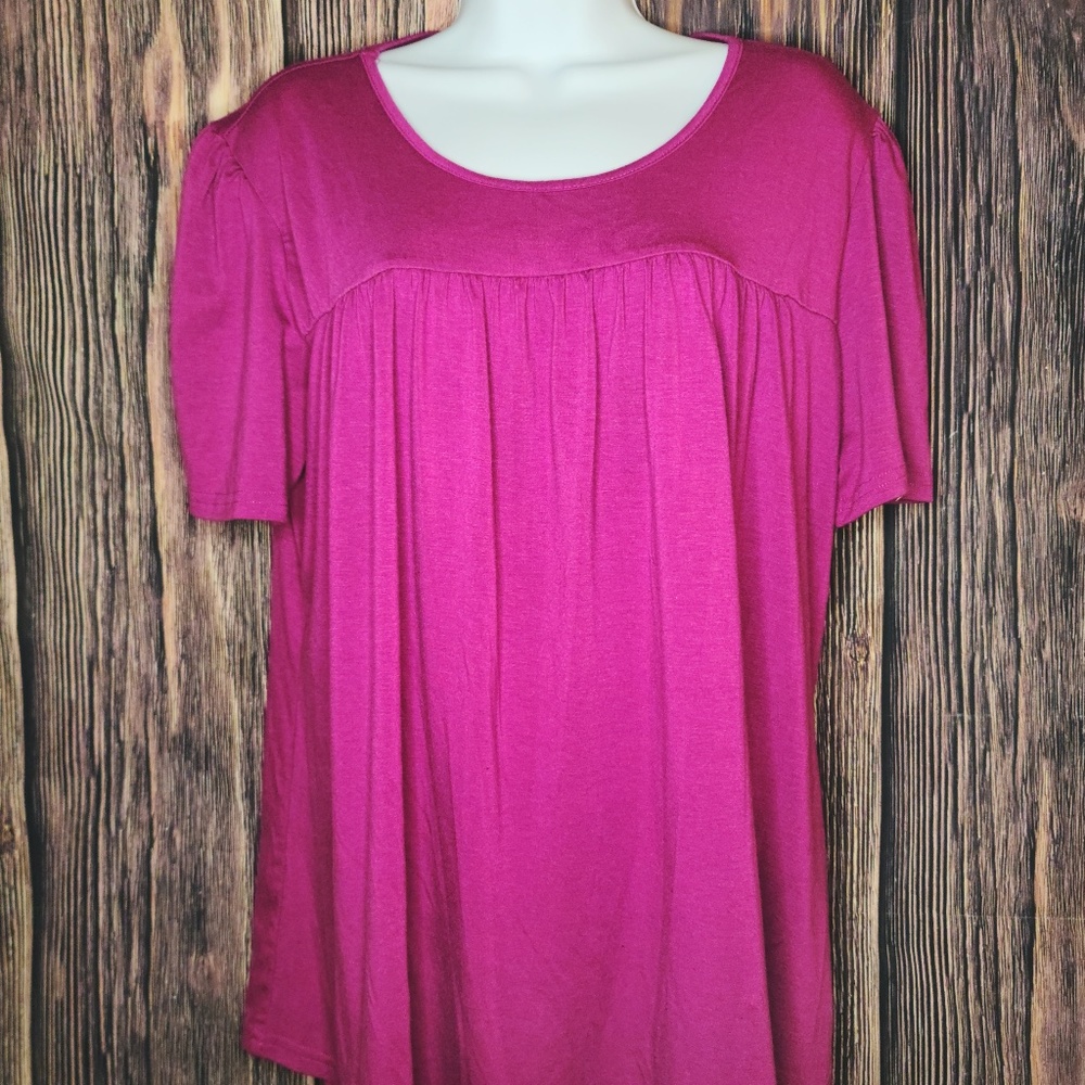 Yidarton fuchsia pleated tunic scoop neck women's short sleeve blouse 2XL